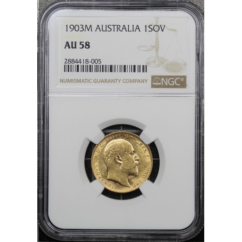 146 - Australia, 1903-M Sovereign, NGC AU58, Edward VII. Melbourne mint. aEF/EF, lustrous. [Marsh 187, S.3... 