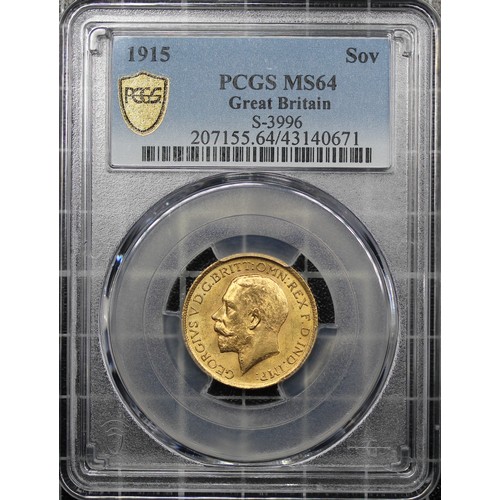 108 - 1915 Sovereign, PCGS MS64, George V. A strong example with residual lustre. aUNC/UNC. [Marsh 217, S.... 