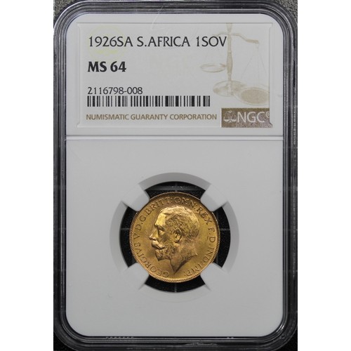 156 - South Africa, 1926-SA Sovereign, NGC MS64, George V. Pretoria Mint, aUNC or better with attractive c... 