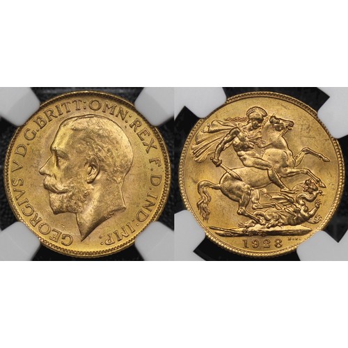 157 - South Africa, 1928-SA Sovereign, NGC MS64+, George V. Pretoria Mint, UNC or very near so with consid... 