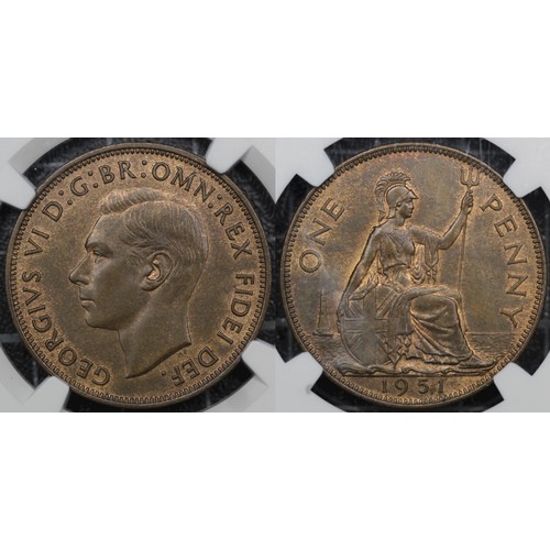 65 - 1951 Penny, NGC MS64BN, George VI. The key series date with a mintage of just 120,000. Scarce in all... 