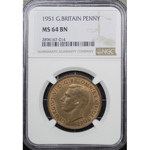 65 - 1951 Penny, NGC MS64BN, George VI. The key series date with a mintage of just 120,000. Scarce in all... 