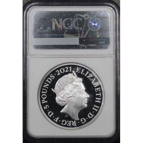 230 - NGC PF69 Ultra Cameo 2021 Silver proof 2oz £5 featuring the Gothic Crown Portrait, part of the Great... 