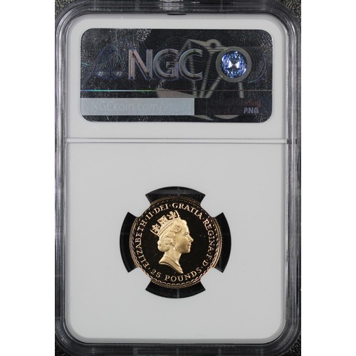 168 - NGC PF69 Ultra Cameo 1987 gold proof ¼oz Britannia £25. Obverse portrait by Raphael Maklouf. About a... 