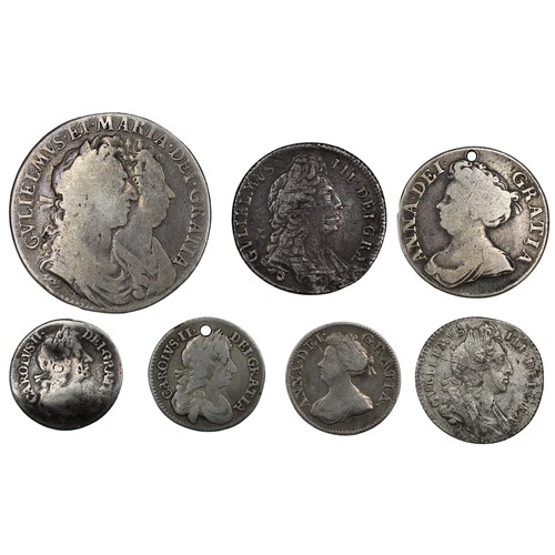 314 - Early milled silver coins (7) comprising 1689 halfcrown (no frosting, no pearls), 1696 shilling (det... 