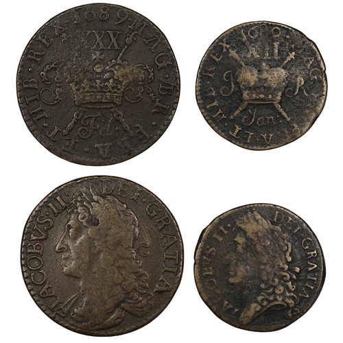 62 - Ireland, James II civil-war coinage (gun-money), comprising February 1689 halfcrown and January 1689... 