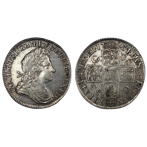 72 - 1723 Shilling, George I. SSC in reverse angles, first bust to obverse. 6 strings in harp, 6 hearts i... 