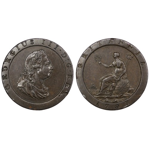 63 - 1797 Penny, George III. 10 leaves in wreath. A few light edge bumps otherwise gVF. [Peck 1132, S.377... 