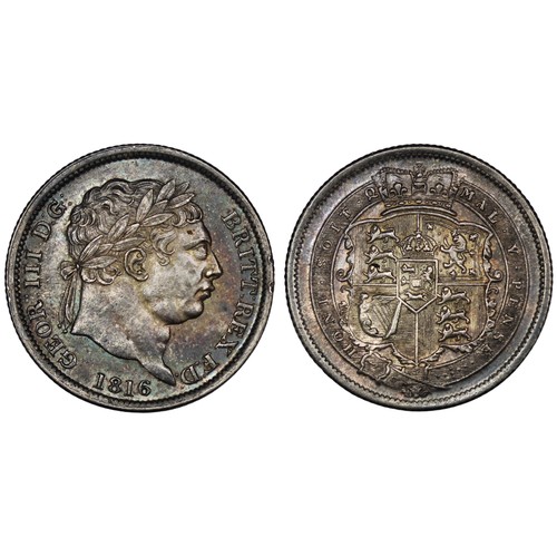 73 - 1816 Shilling, George III. Handsomely toned with dark rainbow hues to the peripheries. gEF/aUNC. [ES... 