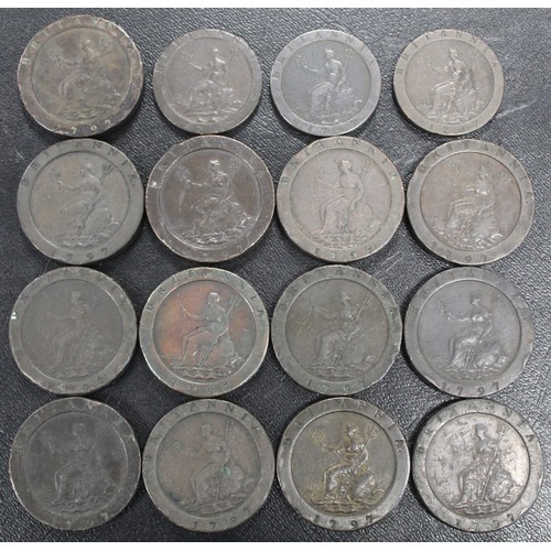 313 - 1797 Cartwheel twopence & pennies (16) comprising twopence (13) and pennies (3). Assorted grades... 