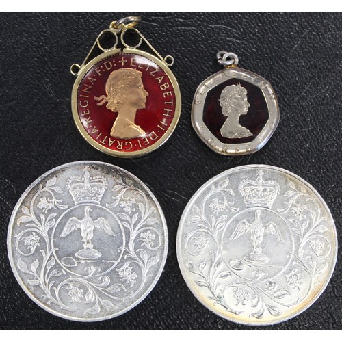 310 - A small assortment of enamelled coins (4) comprising 1977 crown (2), 1982 20p as pendant and 1967 pe... 