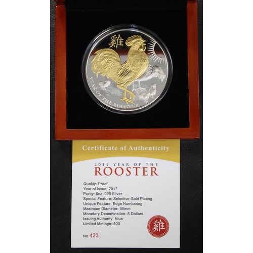 270 - NIUE 2017 5oz silver proof $8 with selective gold plating. Struck to celebrate the Chinese Year of t... 