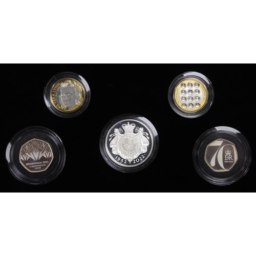 210 - 2022 Silver proof piedfort 5-coin commemorative set including £5 and 50p struck to celebrate the Pla... 