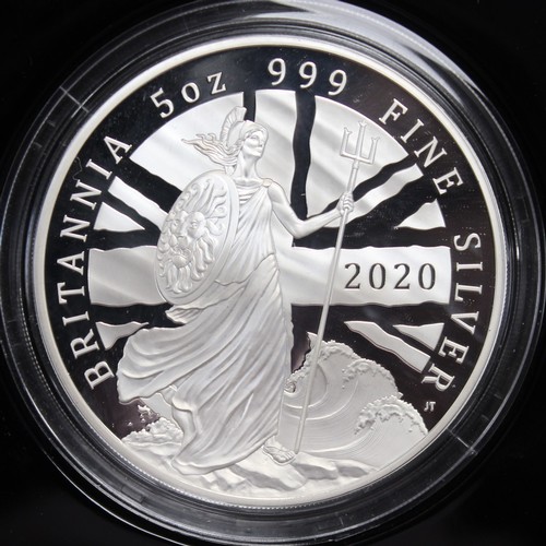 223 - 2020 Silver Proof 5oz Britannia with reverse design by James Tottle featuring Britannia standing wit... 