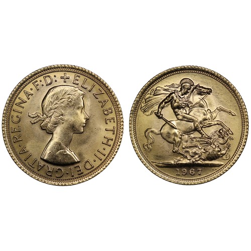 113 - 1967 Sovereign, Elizabeth II. Obverse portrait by Mark Gillick. A few light contact marks otherwise ... 