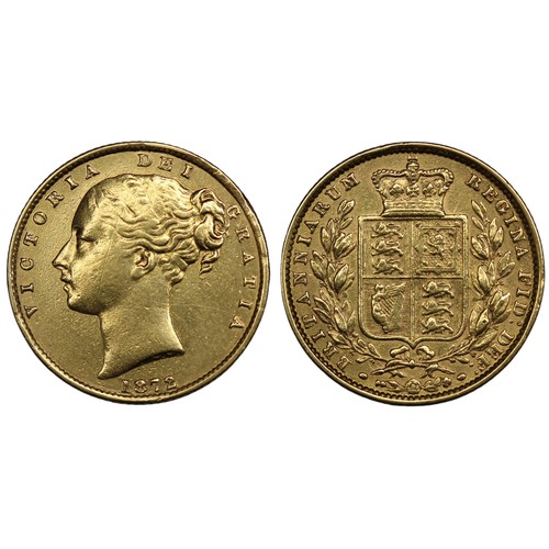 105 - 1872 Sovereign, Victoria. Young head obverse, St. George and dragon reverse. Cleaned and with small ... 