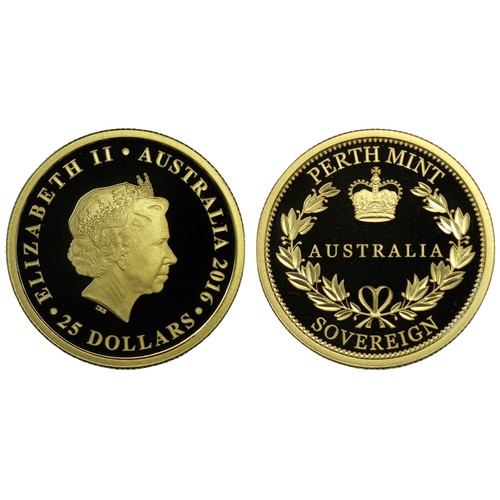 159 - Australia, 2016 proof sovereign of $25, Elizabeth II. Obverse portrait by Ian Rank-Broadley. About a... 