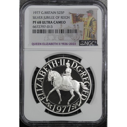 236 - NGC PF68 Ultra Cameo 1977 Silver proof crown, Elizabeth II. Struck to commemorate the silver Jubilee... 