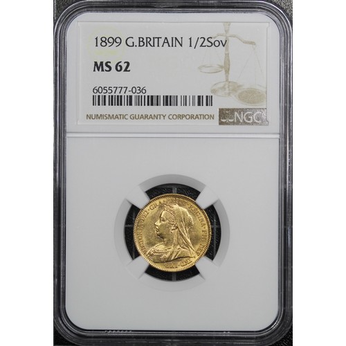 84 - 1899 Half Sovereign, NGC MS62, Victoria. A number of contact marks otherwise lustrous and vibrant. a... 