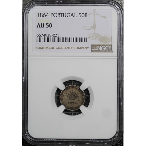 294 - Portugal, NGC AU50 1864 50 Reis, Luis I. Darker toned, an idea piece for the world silver collector.... 