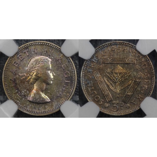 296 - South Africa, NGC PF66 1954 threepence, Elizabeth II. Light purple hues with golden undertones. Attr... 