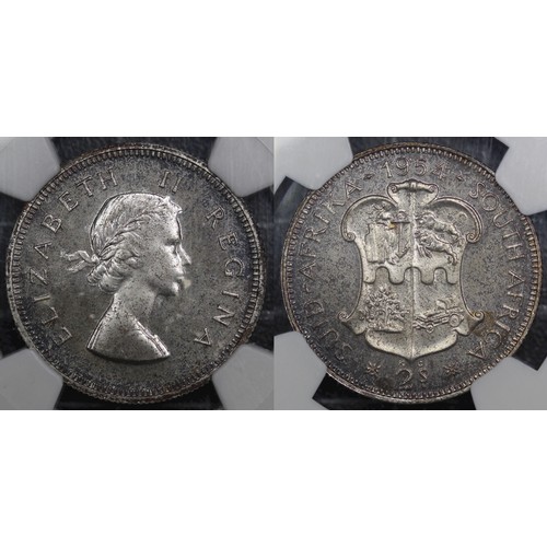 297 - South Africa, NGC PF66 1954 two shillings, Elizabeth II. Slightly mottled toning otherwise shar... 