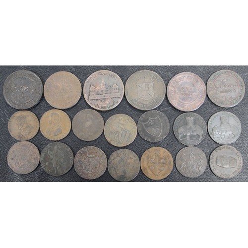 309 - An assortment of merchant tokens/conder tokens (20) comprising pennies (6) and half pennies (14) wit... 