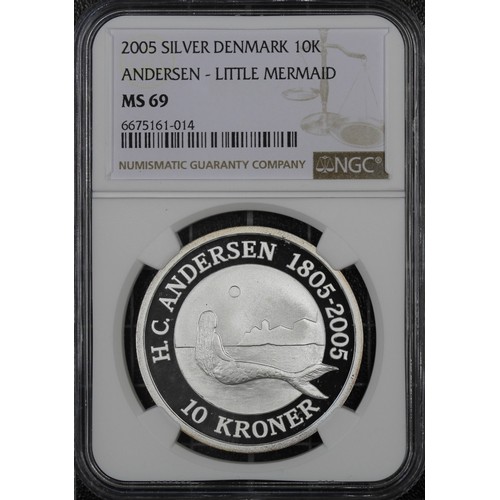 331 - Denmark, NGC MS69 2005 Silver 10 Kroner featuring the Little Mermaid, part of a collection of storie... 