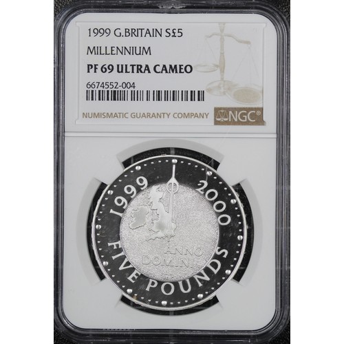 282 - NGC PF69 Ultra Cameo 1999 Silver proof £5, Elizabeth II. Struck to commemorate the turn of the Mille... 