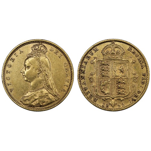 162 - 1892 Half sovereign, Victoria. Obv. Jubilee bust, shield reverse. VF/gVF. [Marsh 