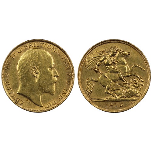 187 - 1910 Half sovereign, Edward VII. Reverse B with B.P. in exergue. Obverse cleaned, aEF. [Marsh 513, S... 