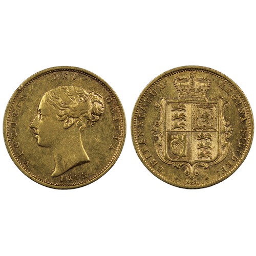 145 - 1873 Half sovereign, Victoria. Obv. Young bust, shield reverse with Die #242 below. Small edge knock... 