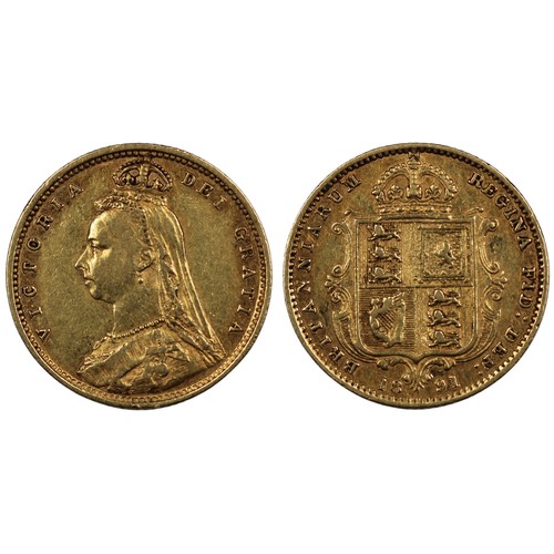 160 - 1891 Half sovereign, Victoria. Obv. Jubilee bust, shield reverse. Coppery hues through the legends, ... 