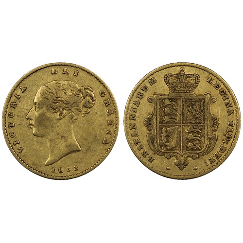 137 - 1853 Half sovereign, Victoria. Obv. Young bust, shield reverse. 5 in date thin/weakly struck. Light ... 