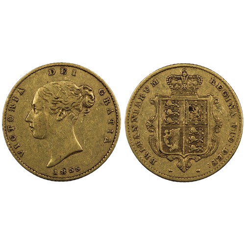 138 - 1855 Half sovereign, Victoria. Obv. Young bust, shield reverse. Odd surface mark, Fine. [Marsh 429, ... 