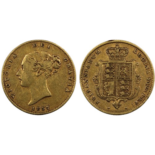 139 - 1857 Half sovereign, Victoria. Obv. Young bust, shield reverse. Edge knock/rim file above shield on ... 