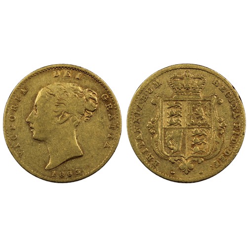 140 - 1863 Half sovereign, Victoria. Obv. second young bust, shield reverse without die number. Fair/nFine... 