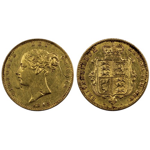 141 - 1865 Half sovereign, Victoria. Obv. second young bust, shield reverse with die # 7 below. Scratch un... 