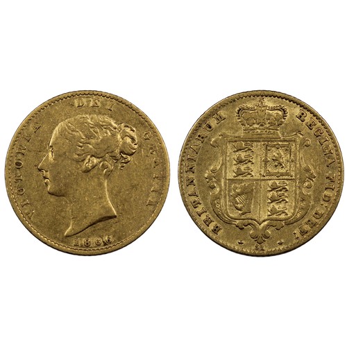 142 - 1866 Half sovereign, Victoria. Obv. second young bust, shield reverse with die # 31 below. Overall F... 