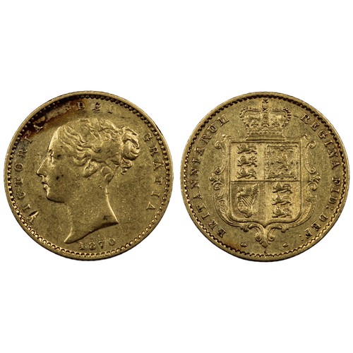 143 - 1870 Half sovereign, Victoria. Obv. second young bust, shield reverse with die # 5 below, dot on shi... 