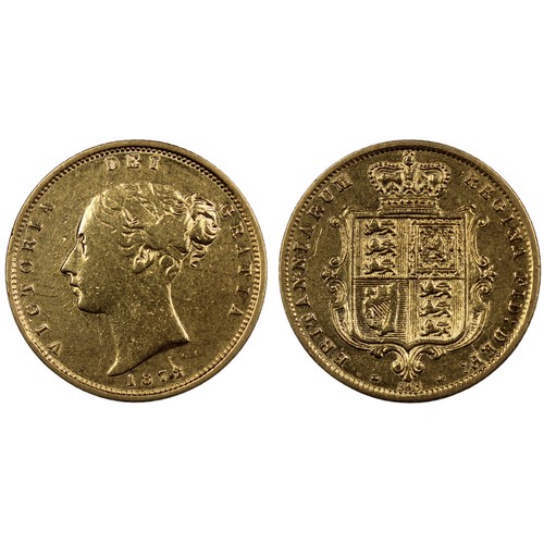 144 - 1872 Half sovereign, Victoria. Obv. third young bust, shield reverse with die # 343 below (unrecorde... 