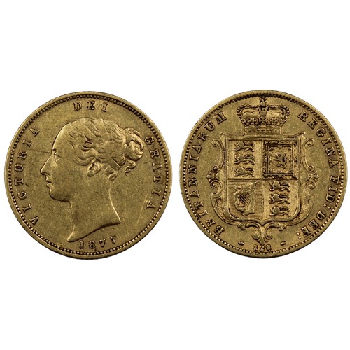 147 - 1877 Half sovereign, Victoria. Obv. third young bust, shield reverse with die # 126 below (the 6 app... 