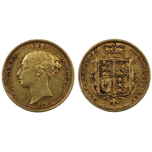 150 - 1880 Half sovereign, Victoria. Obv. fifth young bust, shield reverse. Obverse light hairlines, coppe... 