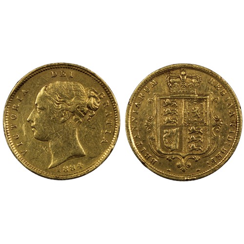 152 - 1884 Half sovereign, Victoria. Obv. fifth young bust, shield reverse. Dig in field before bust, clea... 