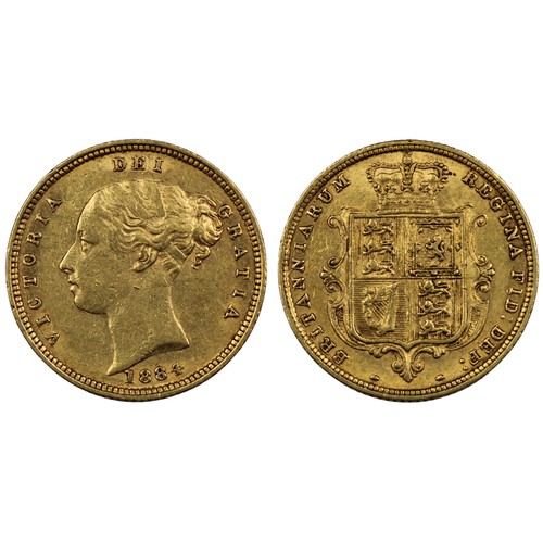 153 - 1884 Half sovereign, Victoria. Obv. fifth young bust, shield reverse. Multiple obverse hairlines, ot... 