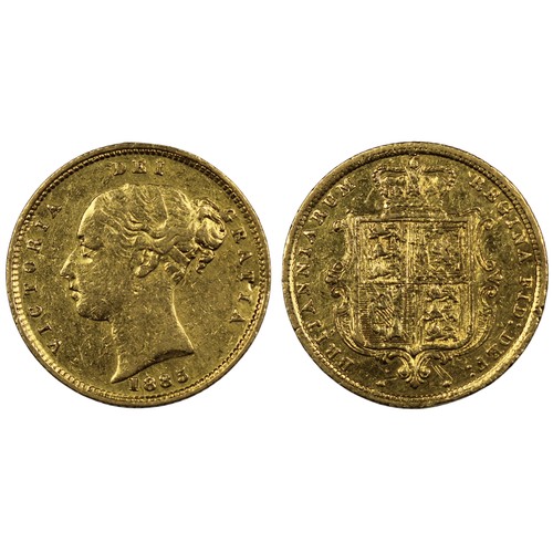 154 - 1885 Half sovereign, Victoria. Obv. fifth young bust, shield reverse. Cleaned, otherwise nVF. [Marsh... 