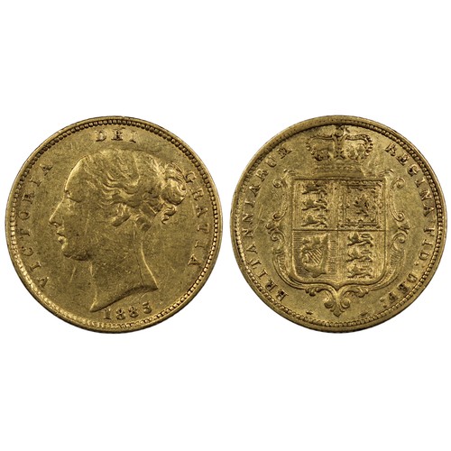 155 - 1885 Half sovereign, Victoria. Obv. fifth young bust, shield reverse. Scratch on neck, gFine/nVF. [M... 