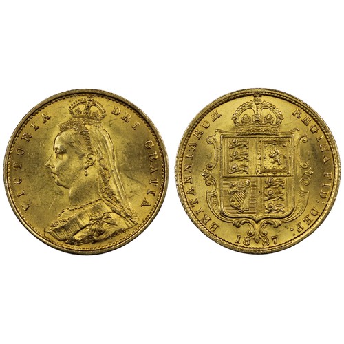 156 - 1887 Half sovereign, Victoria. Obv. Jubilee bust, shield reverse. Imperfect J in JEB appearing as IE... 