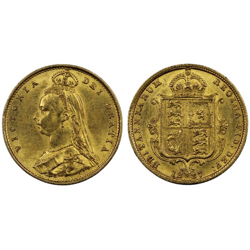 157 - 1887 Half sovereign, Victoria. Obv. Jubilee bust, shield reverse. Imperfect J in JEB appearing as IE... 