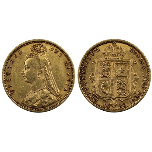 159 - 1890 Half sovereign, Victoria. Obv. Jubilee bust with no initials, low shield reverse. Fine, rated R... 